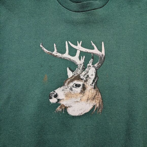 Vintage 90s Green Boxy Nature Whitetail Deer Hunting Crewneck Sweatshirt - Picture 2 of 7